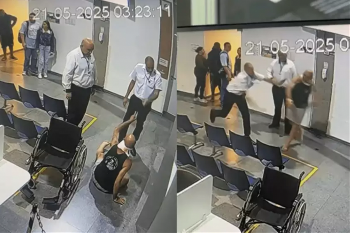 Imagens de câmeras de segurança mostram uma sequência de empurrões e chutes do funcionário contra o paciente.